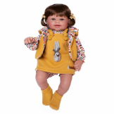 Muñeca Alicia, vestido mostaza, camiseta de flores y chaleco - 38cm