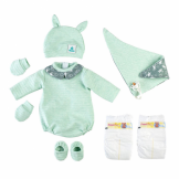 Pelele verde con gorrito, manoplas, peucos y babero - 46cm