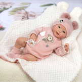 Reborn Sofia, pink woollen romper suit and hat with pompoms - 46cm