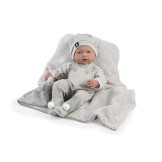 Muñeco Liam, peto gris, camiseta y gorro, con manta - 38cm