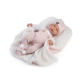 Muñeca con sonido de bebé Indira, peto rosa, camiseta y gorro, con manta - 38cm