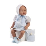Muñeco Lucas - 42 cm con vestido azul y capota blanca con lazo