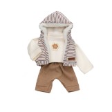 Ropa ZooReborn 32 cm – Conjunto jersey blanco con dibujito de huella. Chaleco de rayas con capucha y pantalón marrón.