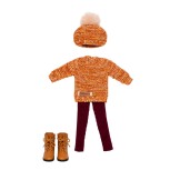 Ropa Penélope – Jersey de lana marrón, pantalones granate, gorro de lana marrón y botas marrones