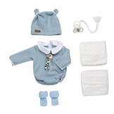 Ropa reborn talla 38cm - pelele de lana azul, gorro, peucos, pañales y chupete con cadena
