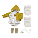 Vestido ocre con estampado, chaqueta, chupete y peúcos - 38 cm